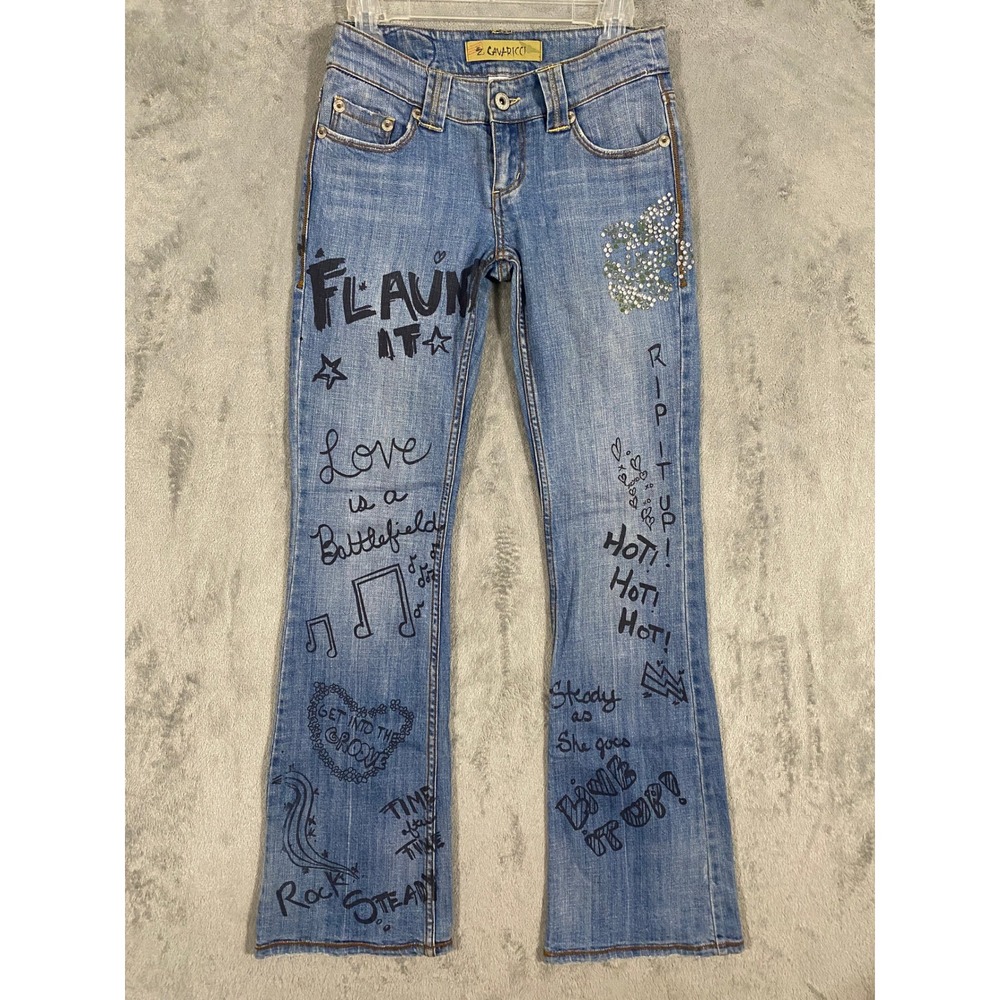 Z. Cavaricci Jeans Womens‎ 3 Blue Graffiti Rhinestone Low Rise Flare Bratz Y2K